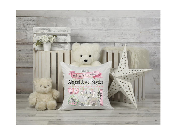 Personalized Pink Elephant Birth Stats Pillow